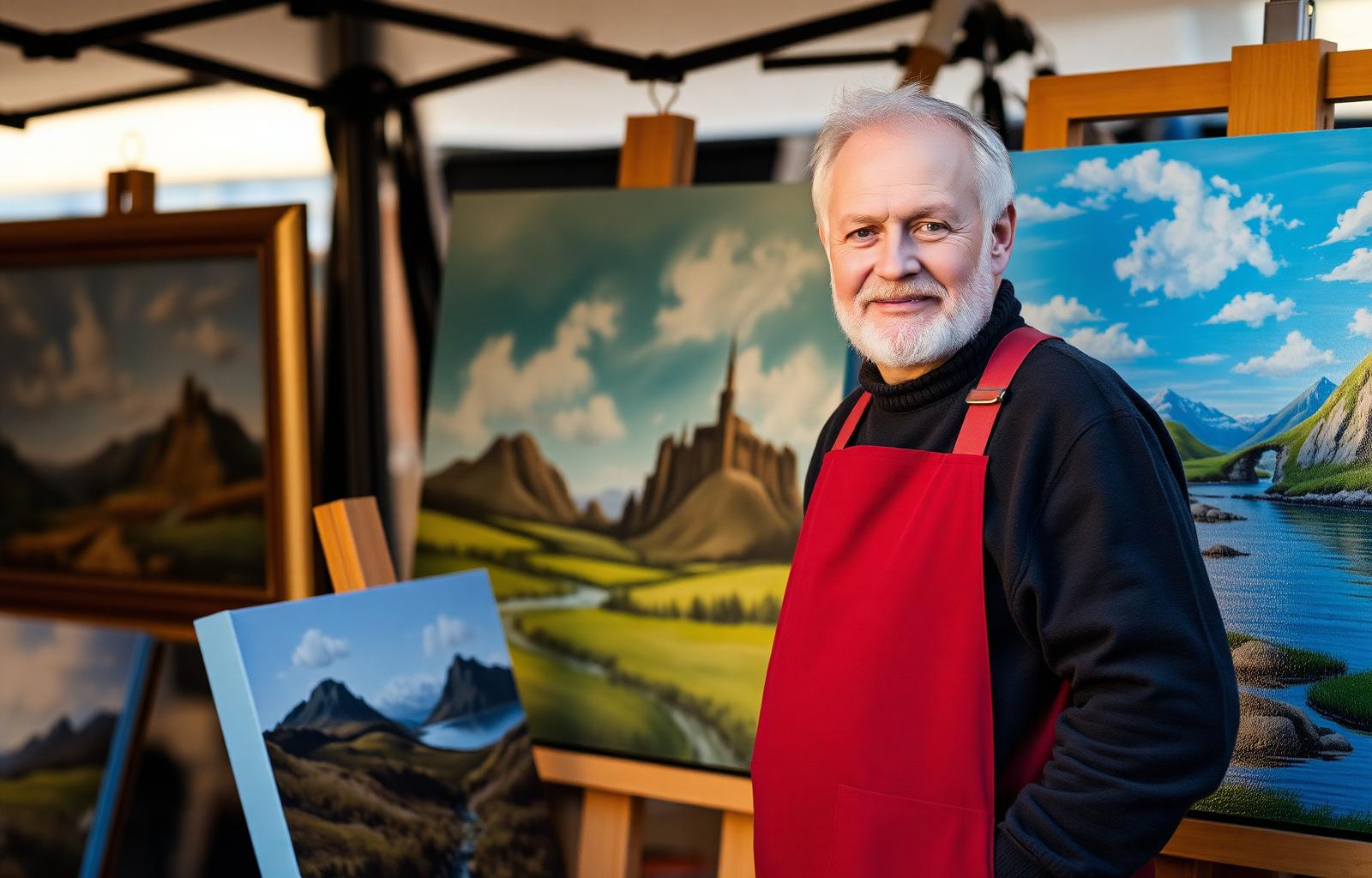 Neil McNaughton at his market stall displaying his oil paintings